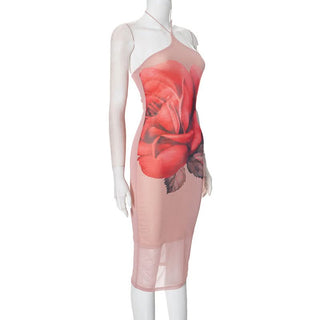 Halter flower print backless mesh midi dress