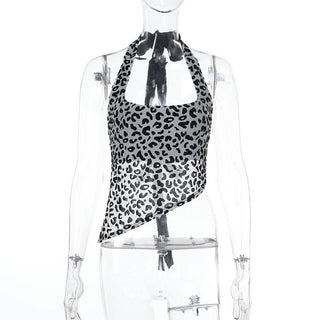 Halter leopard print self tie backless top