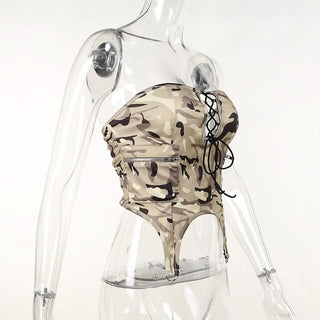 Camouflage lace up zip up tube top