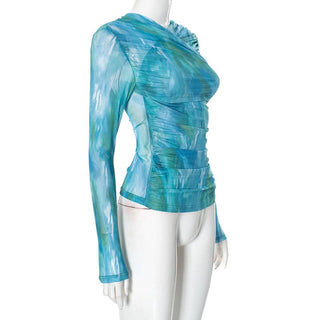 Long sleeve mesh ruched contrast top
