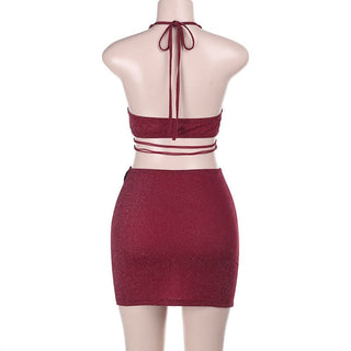 Halter v neck glitter butterfly applique mini skirt set
