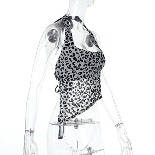 Halter leopard print self tie backless top