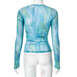 Long sleeve mesh ruched contrast top