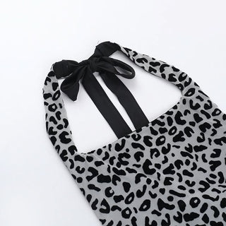 Halter leopard print self tie backless top