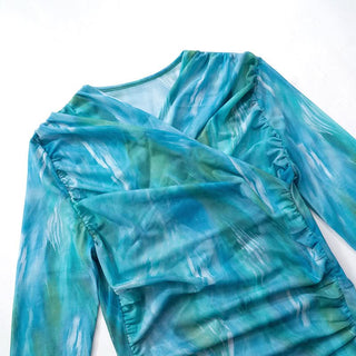 Long sleeve mesh ruched contrast top