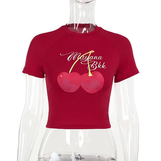 Crewneck short neck cherry print top
