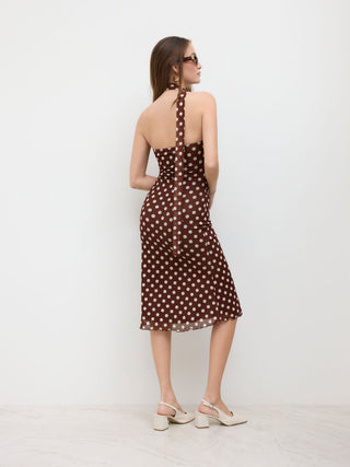 Mesh Halter Neckline Polka Dot Ruched Midi Dress