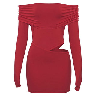 Off shoulder long sleeve hollow out ruched cut out mini dress