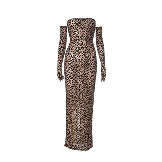 Leopard print gloves slit tube maxi dress