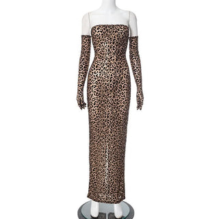 Leopard print gloves slit tube maxi dress