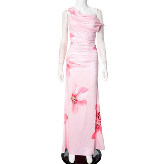 One shoulder flower print ruched maxi dress