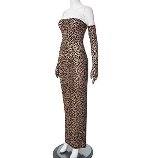Leopard print gloves slit tube maxi dress