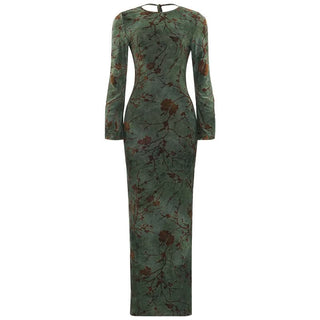 Long sleeve backless self tie slit maxi dress