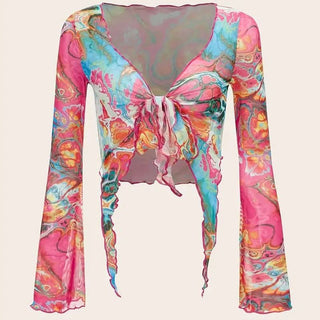 Long sleeve mesh contrast knotted ruffle top