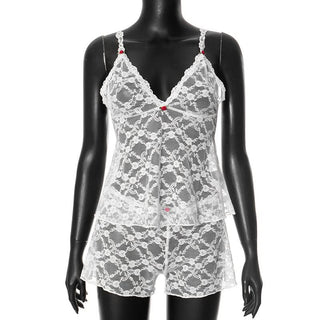 V neck lace see through cami short pant set