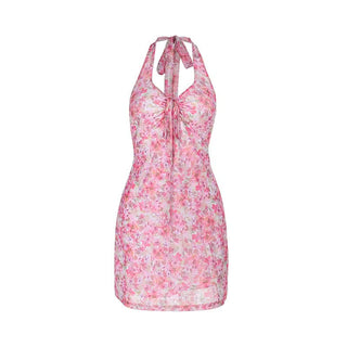 Halter flower print hollow out cut out mini dress