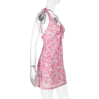 Halter flower print hollow out cut out mini dress