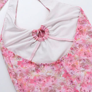 Halter flower print hollow out cut out mini dress