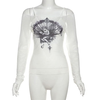 Off shoulder long sleeve mesh abstract top