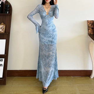 Long flared sleeve mesh maxi dress