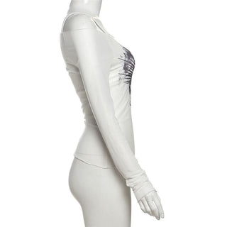 Off shoulder long sleeve mesh abstract top