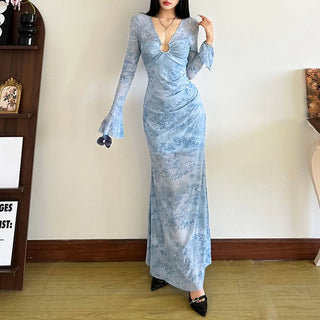 Long flared sleeve mesh maxi dress