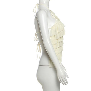 Halter ruffle self tie backless top