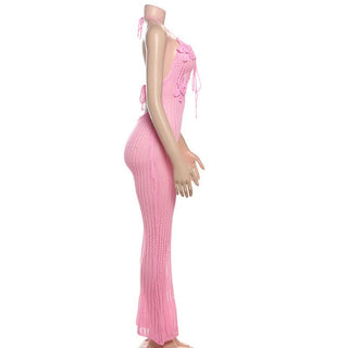 Halter knitted flower applique jumpsuit
