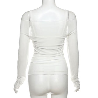 Off shoulder long sleeve mesh abstract top