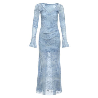 Long flared sleeve mesh maxi dress