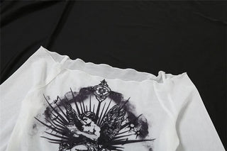 Off shoulder long sleeve mesh abstract top