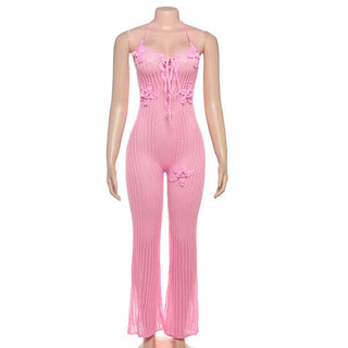 Halter knitted flower applique jumpsuit