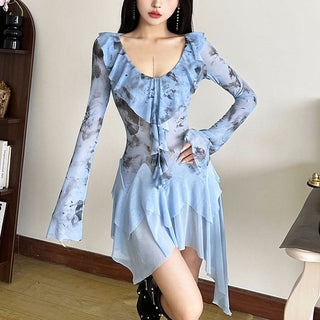 Long flared sleeve ruffle mesh mini dress