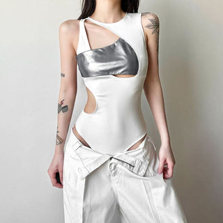 Hollow out sleeveless patchwork bodysuit
