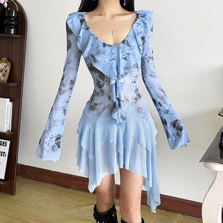Long flared sleeve ruffle mesh mini dress