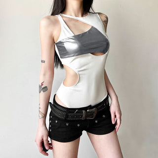 Hollow out sleeveless patchwork bodysuit