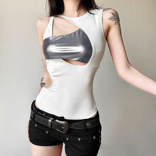Hollow out sleeveless patchwork bodysuit