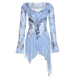 Long flared sleeve ruffle mesh mini dress