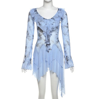 Long flared sleeve ruffle mesh mini dress