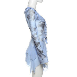 Long flared sleeve ruffle mesh mini dress