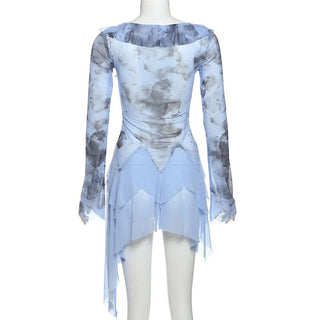 Long flared sleeve ruffle mesh mini dress