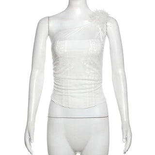 One shoulder fluffy mesh top