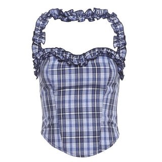 Plaid halter ruffle smocked top