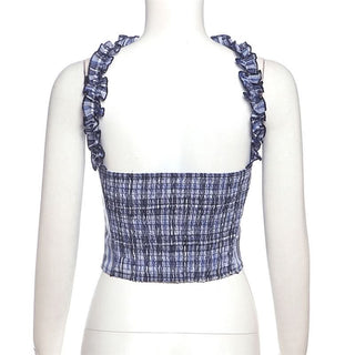 Plaid halter ruffle smocked top