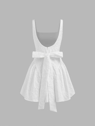 Jacquard U-neckline Floral Backless Bowknot Mini Dress