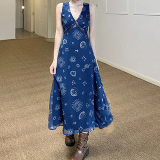 V neck sleeveless lace hem maxi dress