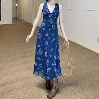 V neck sleeveless lace hem maxi dress