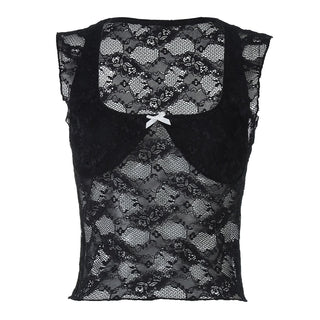 Square neck bowknot lace tank top
