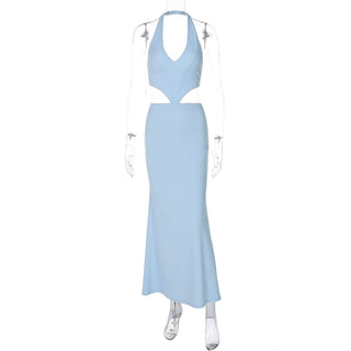 Halter v neck hollow out lace up cut out maxi dress