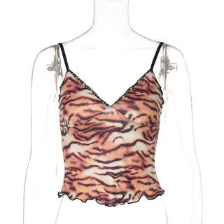 V neck tiger print ruffle cami top